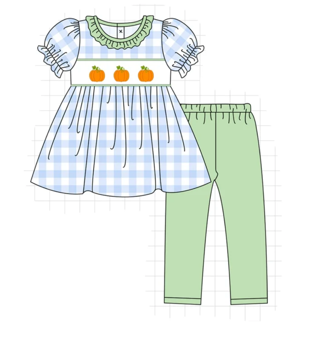 Blue Gingham Pumpkin Embroidery Girls Pant Set - READY TO SHIP/PICKUP!