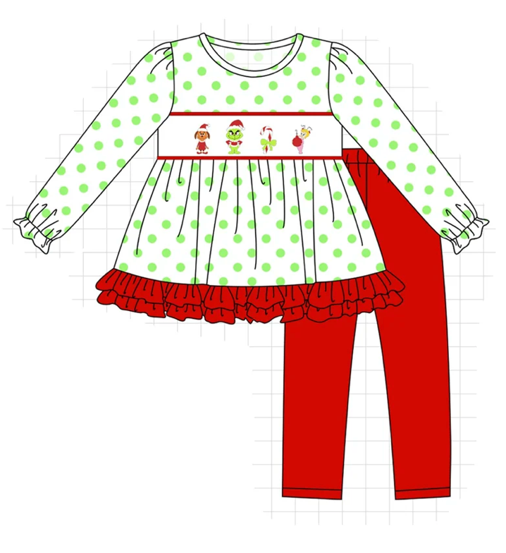 Green Dot Grinch Girl's Pant Set - READY TO SHIP/PICKUP