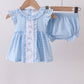 Blue cross bow embroidery ruffle gingham bloomer set