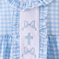 Blue cross bow embroidery ruffle gingham bloomer set
