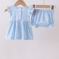 Blue cross bow embroidery ruffle gingham bloomer set