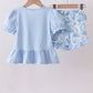 Blue bunny applique ruffle shorts set