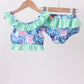 Blue marine creature print ruffle 2pc swimsuit