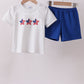 Navy bow applique stripe shorts set