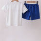 Navy bow applique stripe shorts set