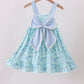 Blue beach print bow ruffle dress