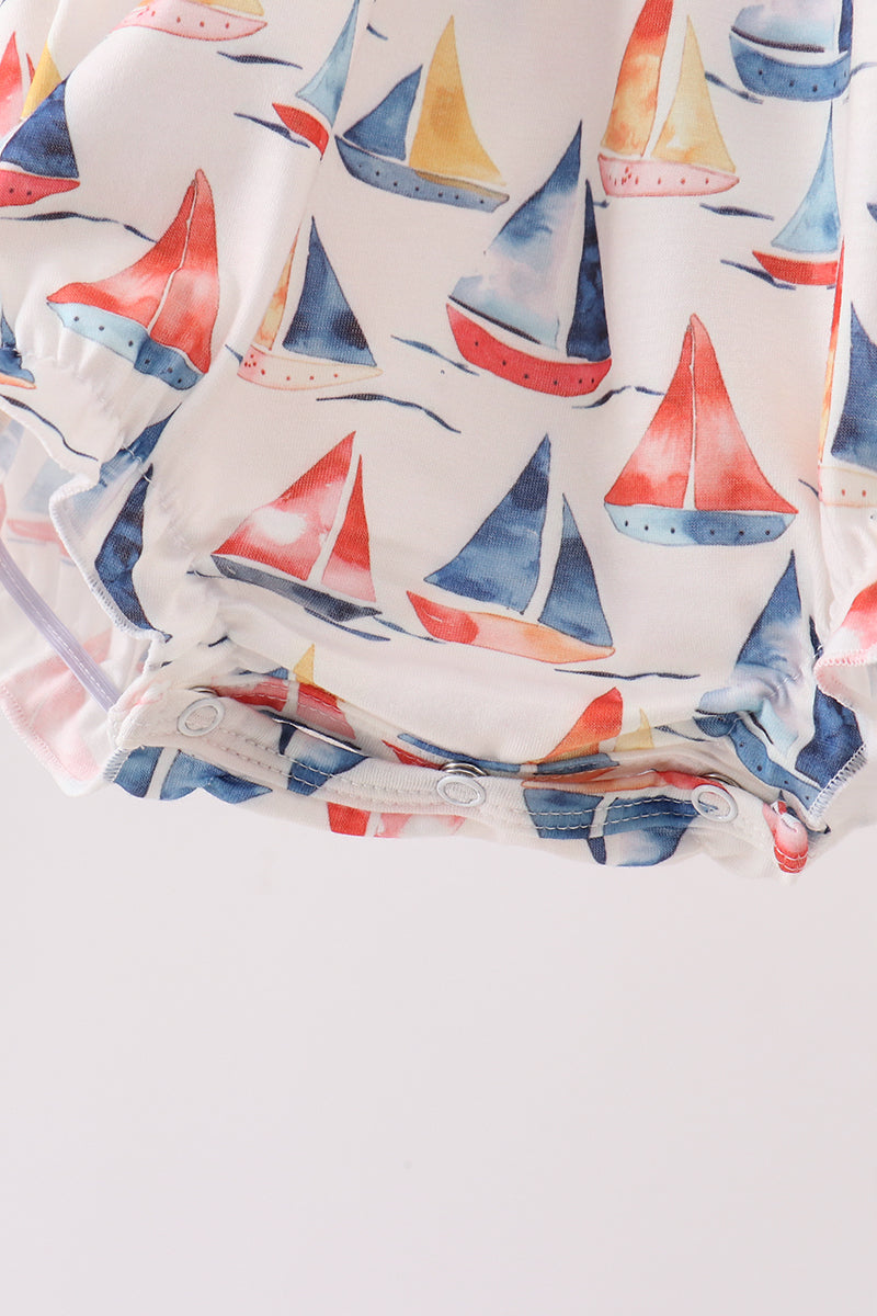 Blue Sailboat Embroidered Ruffle Bubble