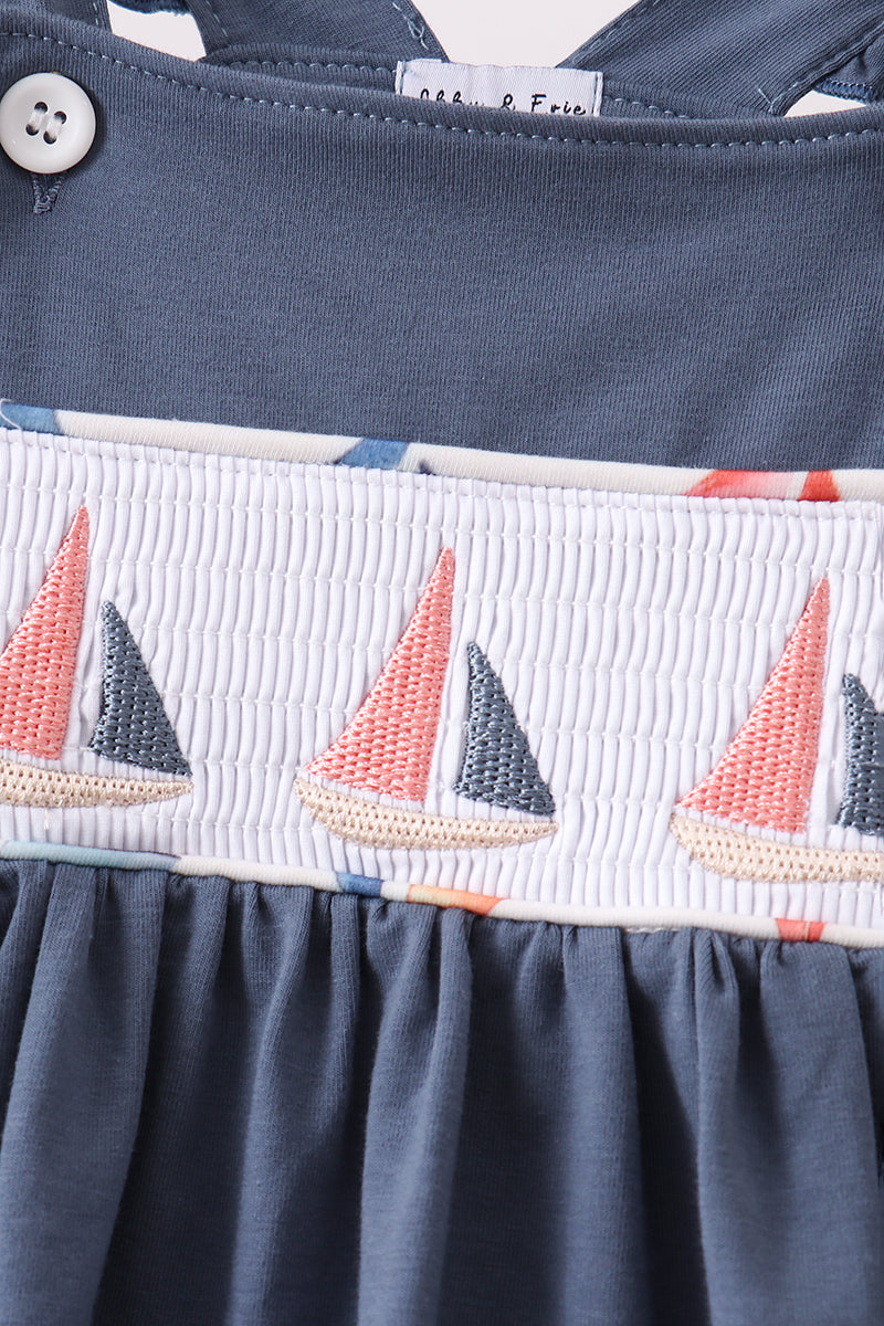 Blue Sailboat Smocked Ruffle Shorts Set