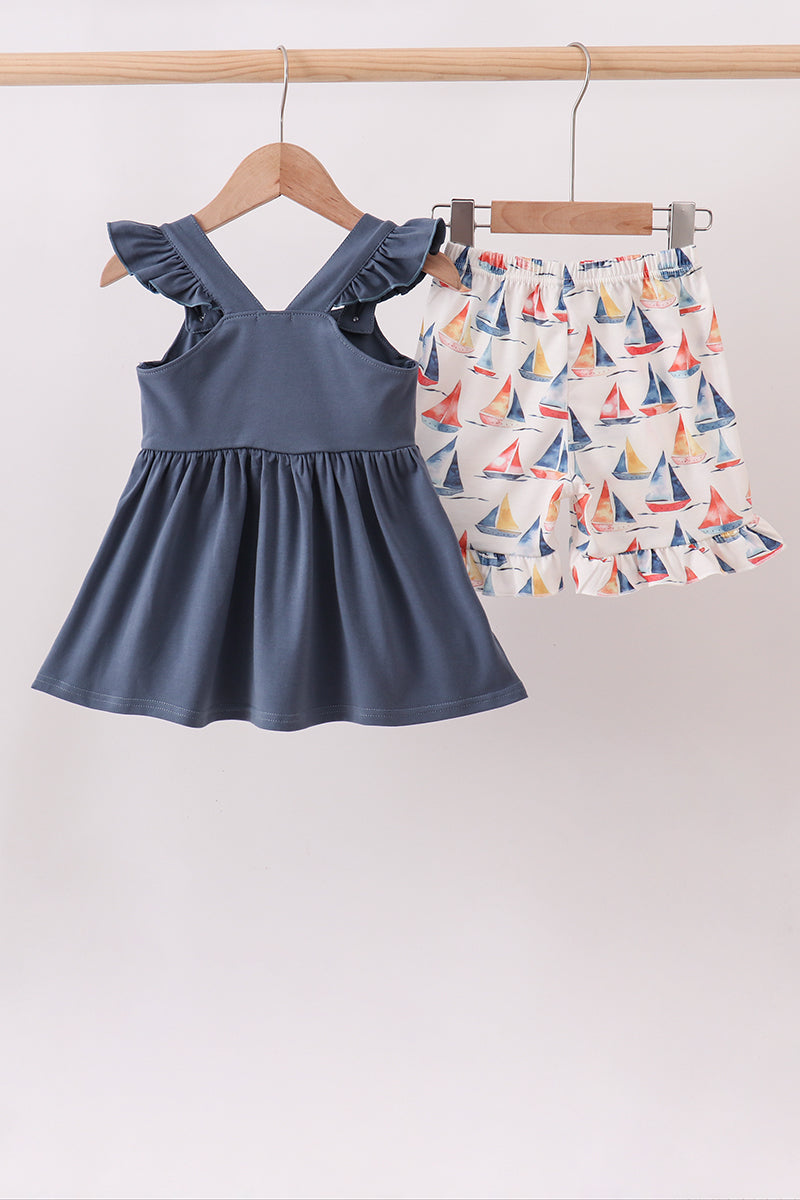 Blue Sailboat Smocked Ruffle Shorts Set