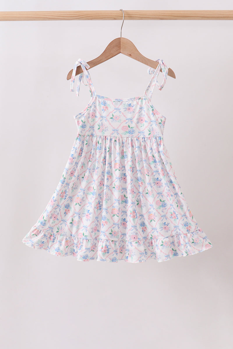 Blue Floral Smocked Ruffle Dress