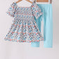 Blue floral smocked ruffle pants set