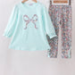 Blue Floral Bow Applique Pants Set
