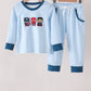 Blue character embroidery stripe pants set