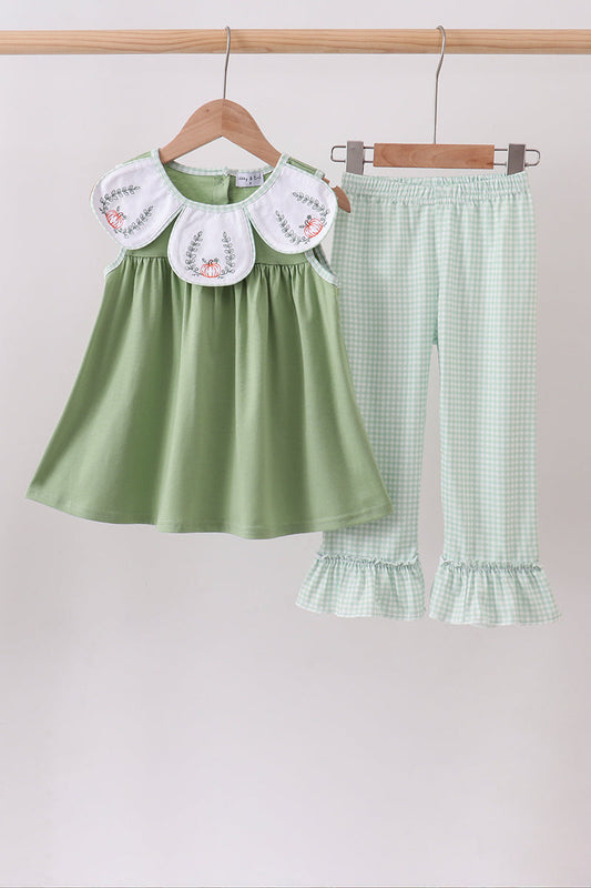 Sage Pumpkin Embroidered Ruffle Pants Set