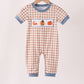 Brown turkey pumpkin embroidery gingham romper