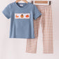 Blue turkey pumpkin embroidery gingham pants set