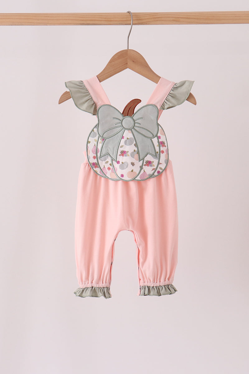 Pink pumpkin bow applique ruffle romper