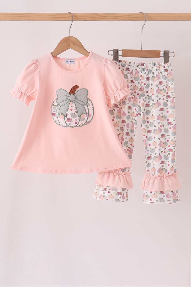 Pink pumpkin bow applique ruffle pants set