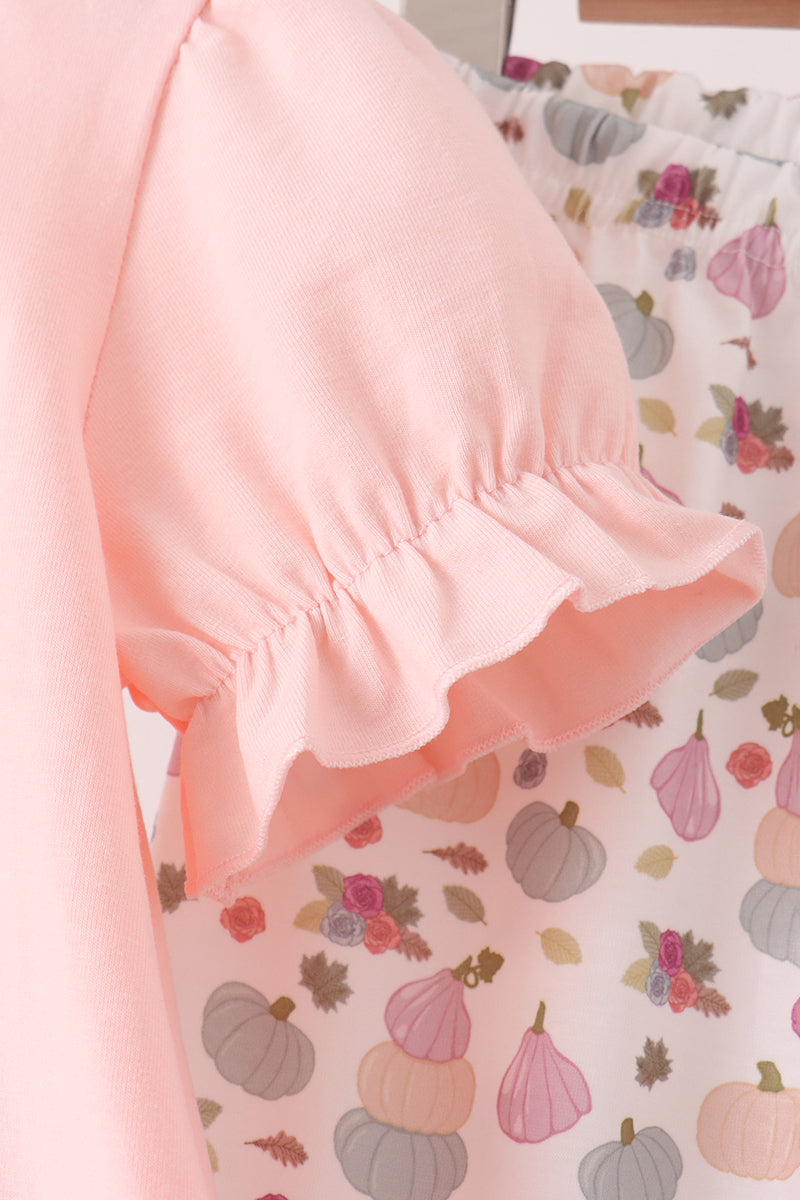 Pink pumpkin bow applique ruffle pants set