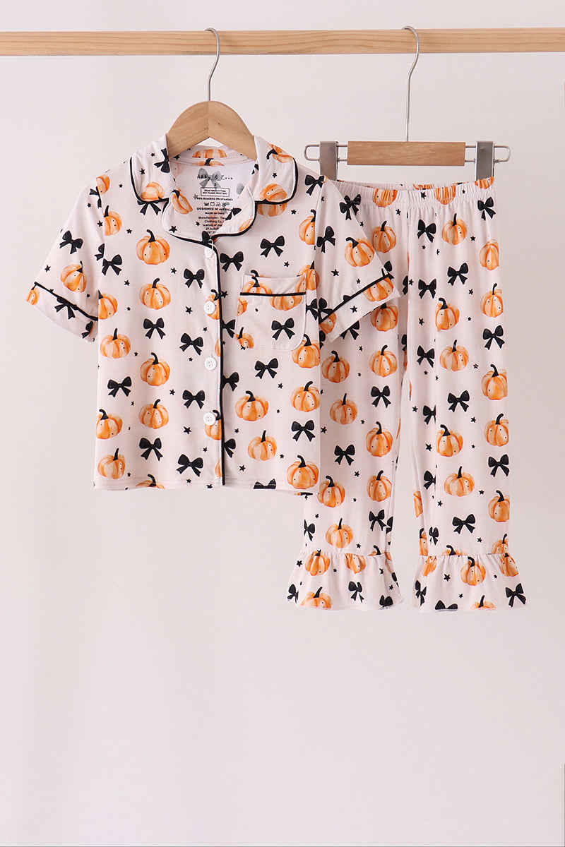 Bow pumpkin bamboo ruffle pajama set