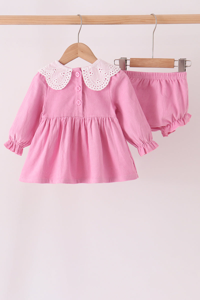 Pink corduroy lace smocked bloomer set