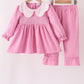 Pink corduroy lace smocked ruffle pants set