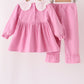 Pink corduroy lace smocked ruffle pants set