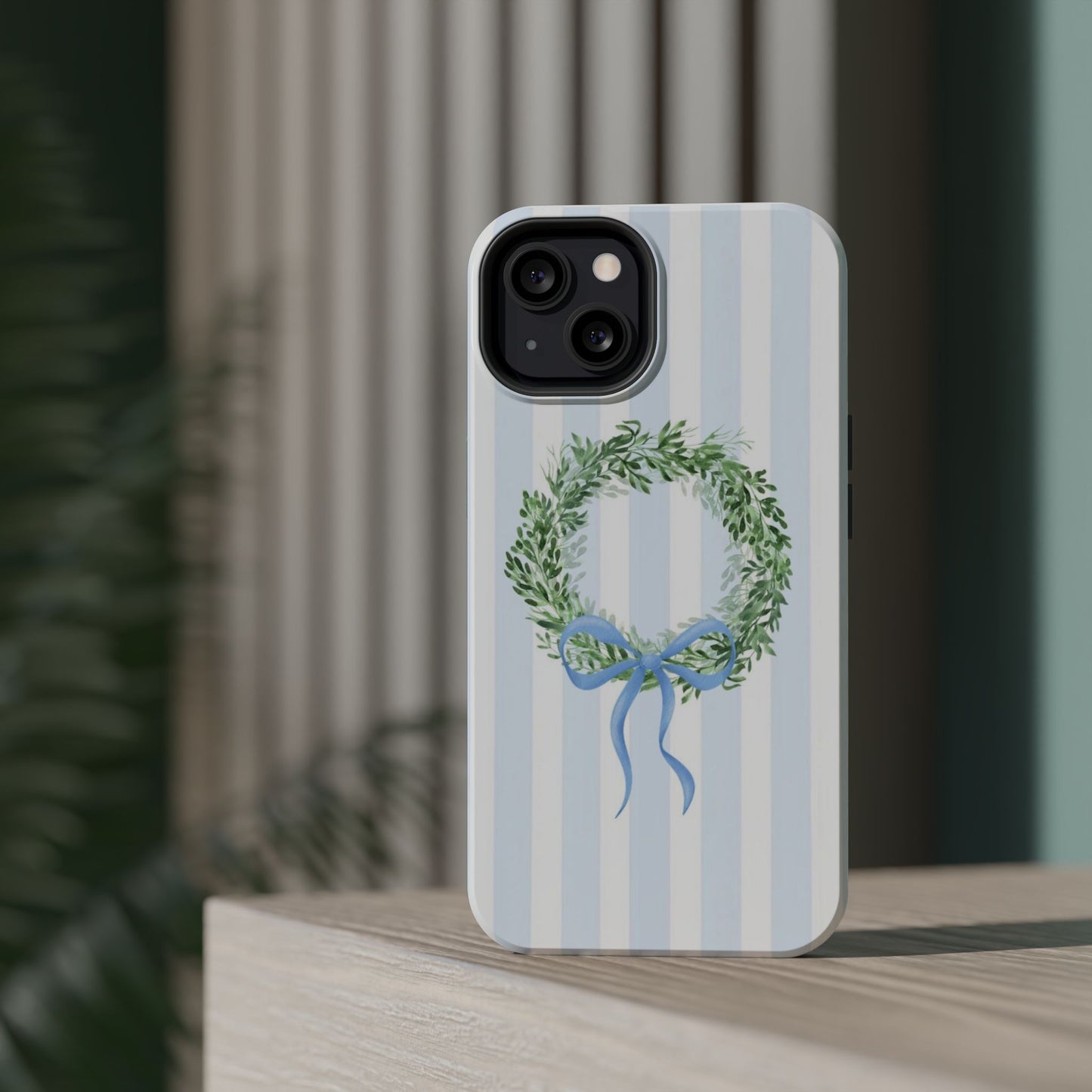 Floral Wreath Magnetic Impact Case — Blue Striped Protective Phone Case