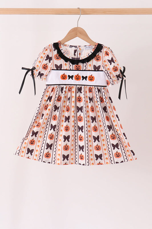 Pumpkin bow embroidery ruffle dress