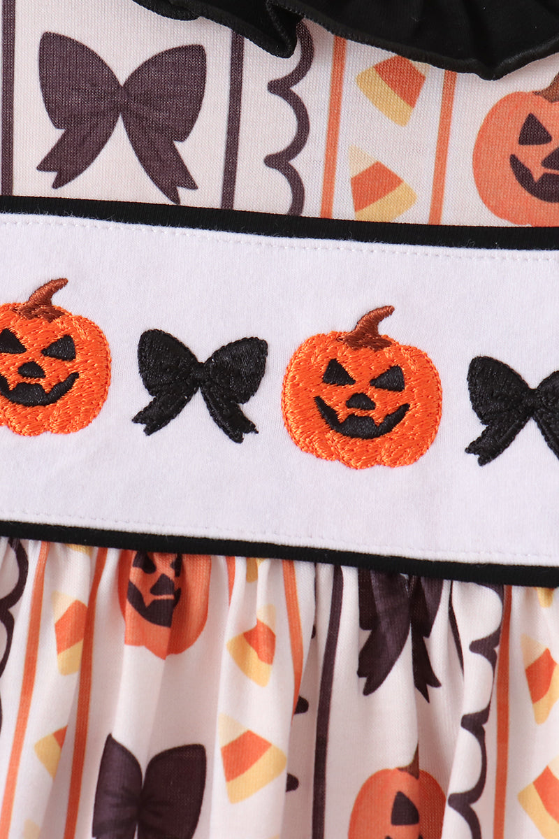 Pumpkin bow embroidery ruffle pants set