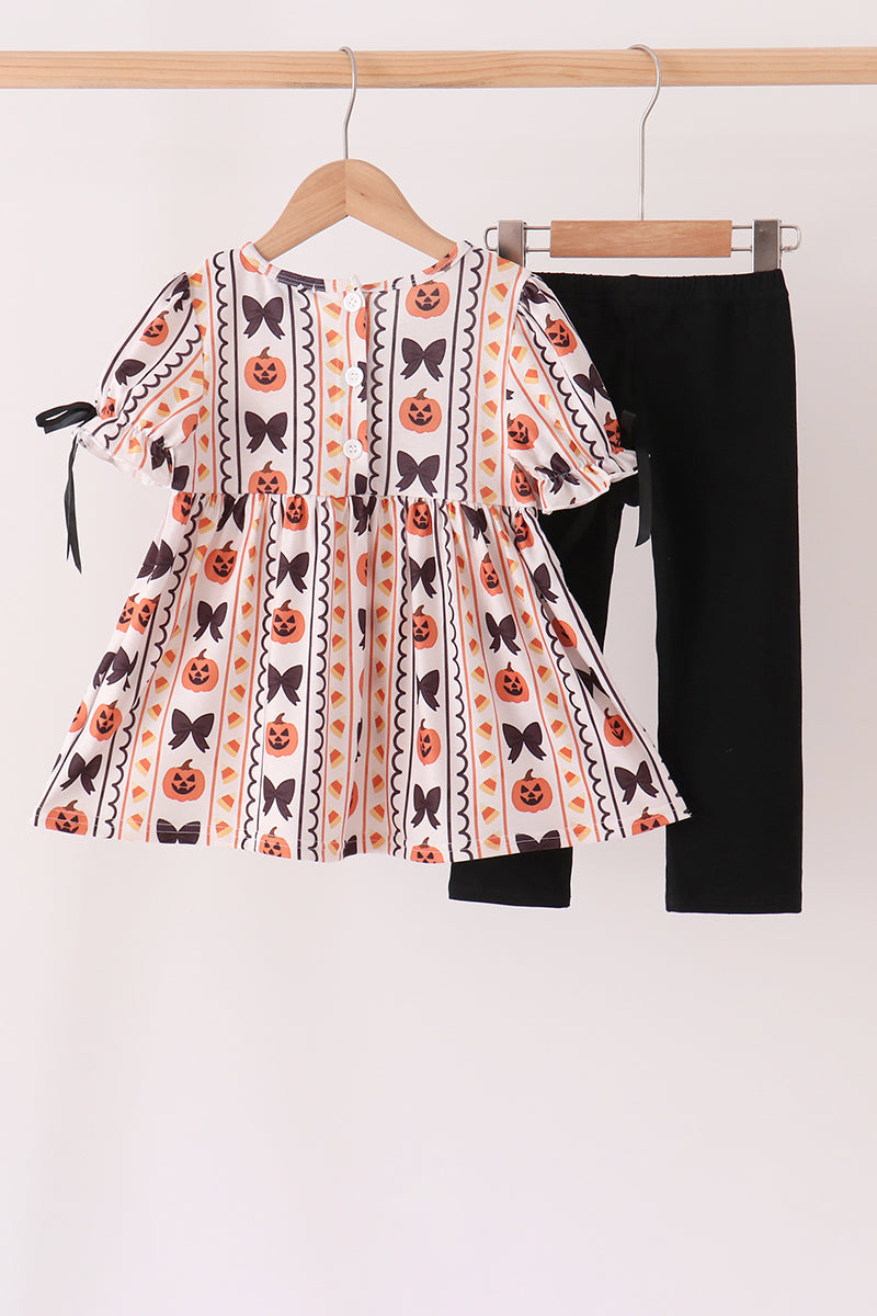 Pumpkin bow embroidery ruffle pants set