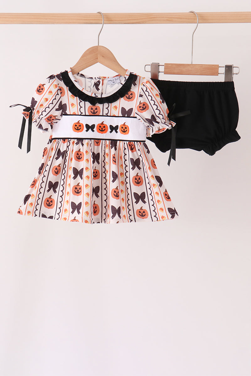 Pumpkin bow embroidery ruffle bloomer set