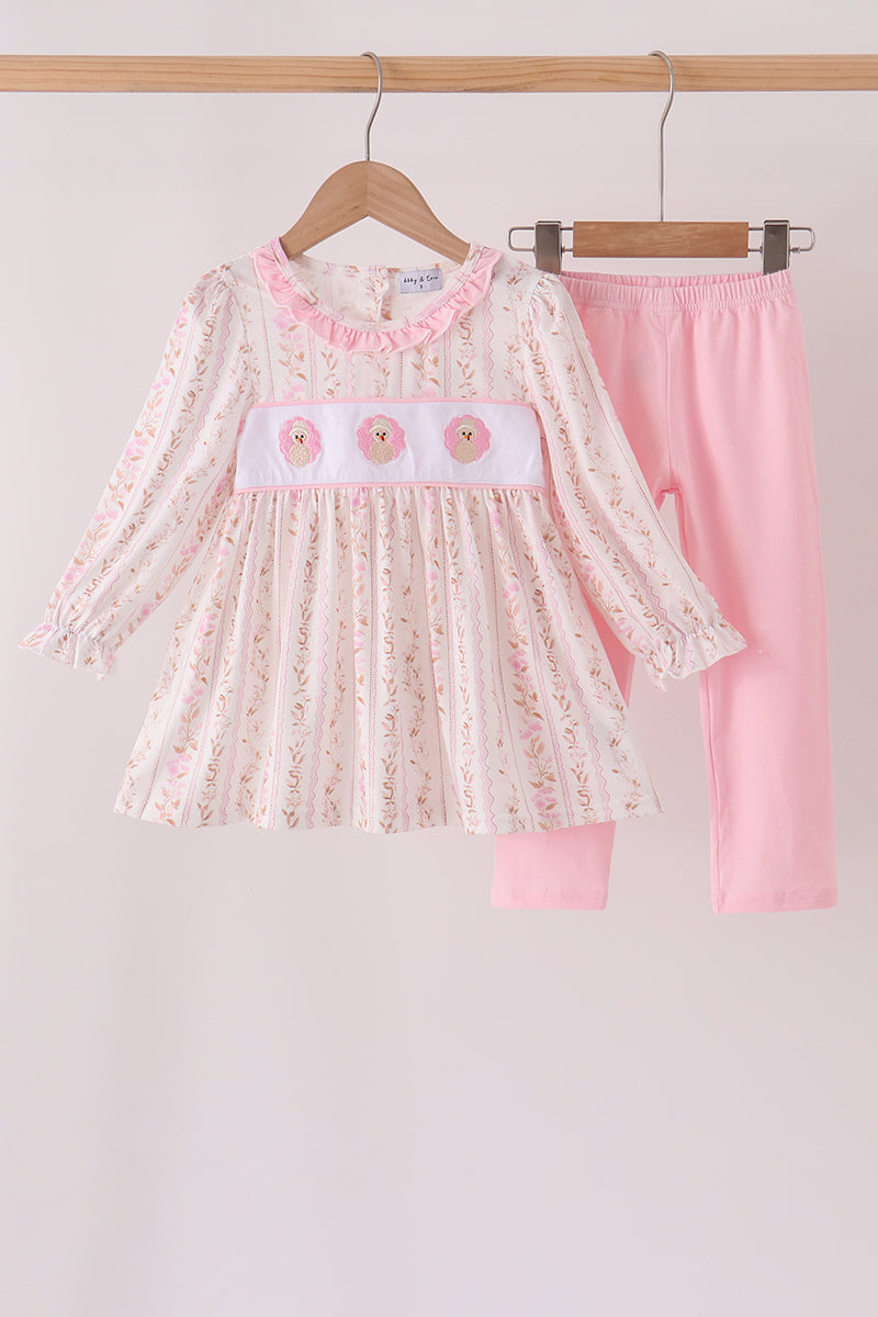 Pink floral turkey embroidery ruffle pants set