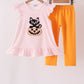 Pink cats Jack-O-Lantern applique ruffle pants set