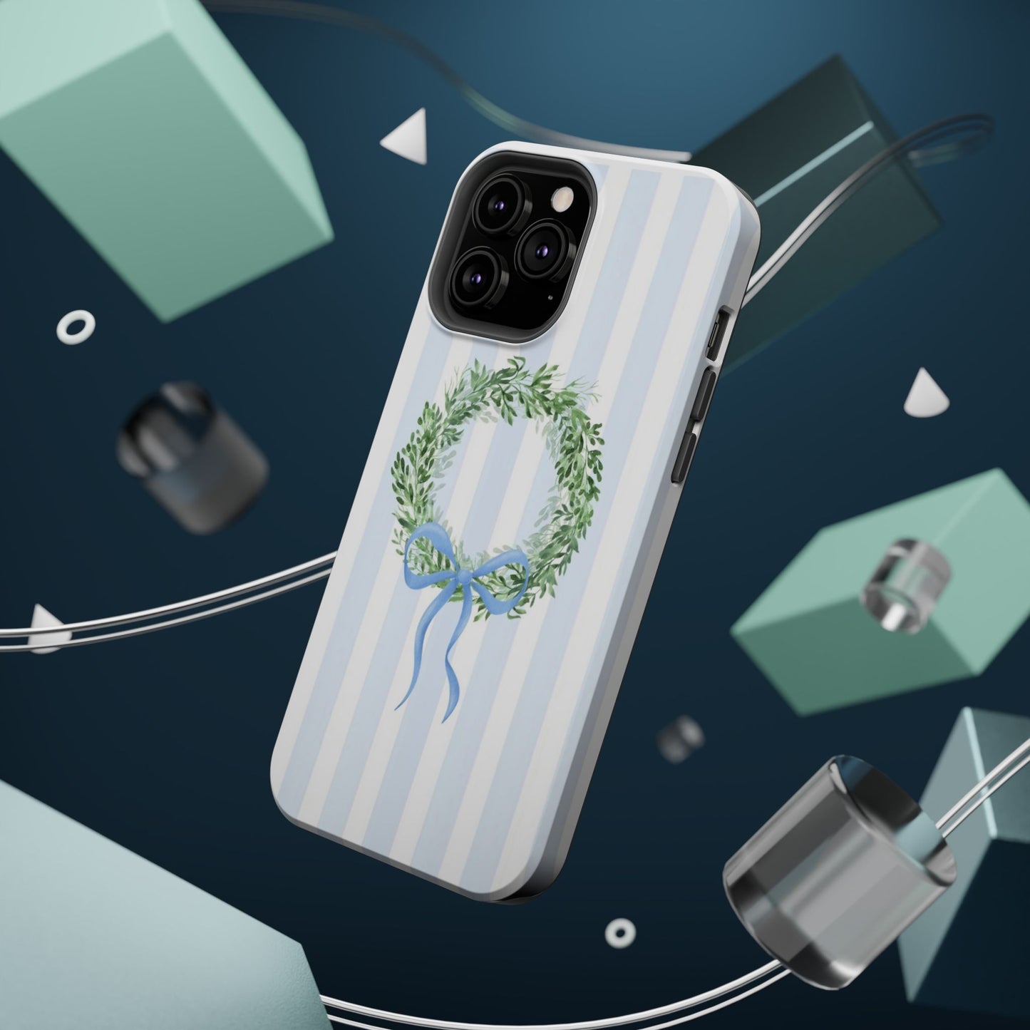 Floral Wreath Magnetic Impact Case — Blue Striped Protective Phone Case
