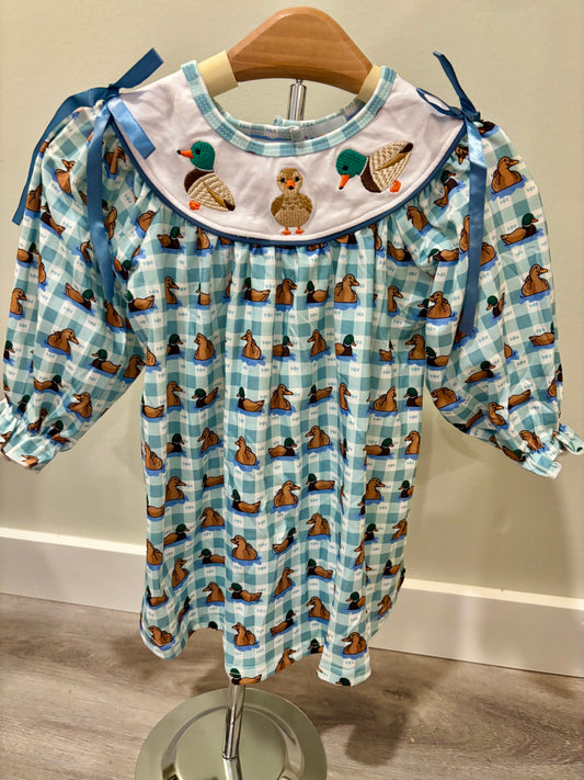 Blue Mallard Duck Embroidery Dress - READY TO SHIP/PICKUP!