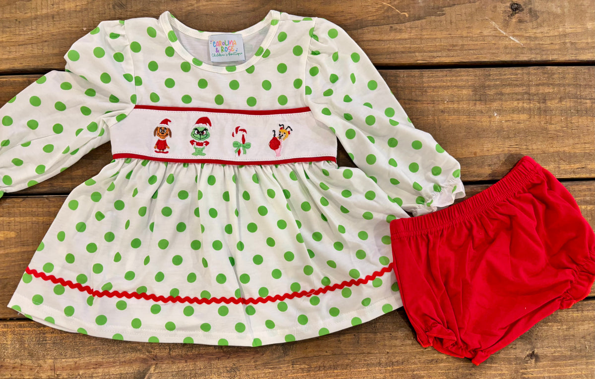 Green Dot Grinch Girl's Bloomer Set - READY TO SHIP/PICKUP