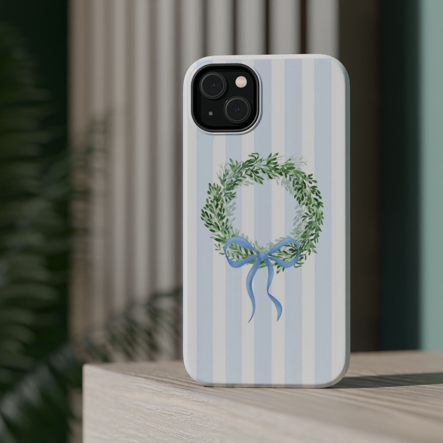 Floral Wreath Magnetic Impact Case — Blue Striped Protective Phone Case