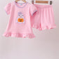 Pink ghost pumpkin embroidery ruffle shorts set