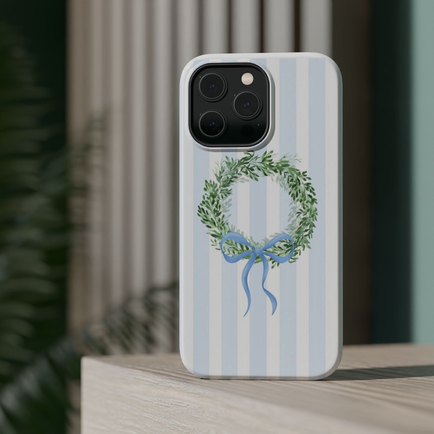 Floral Wreath Magnetic Impact Case — Blue Striped Protective Phone Case