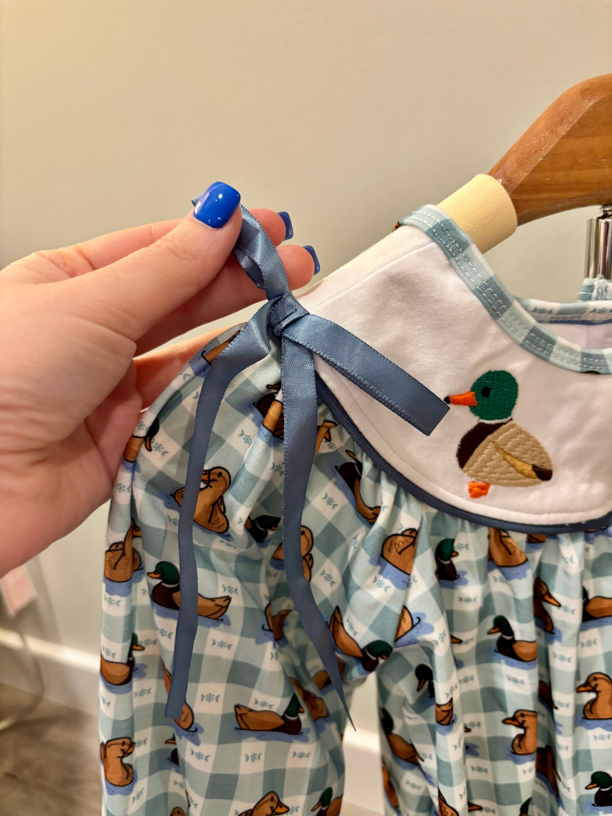 Blue Mallard Duck Embroidery Dress - READY TO SHIP/PICKUP!