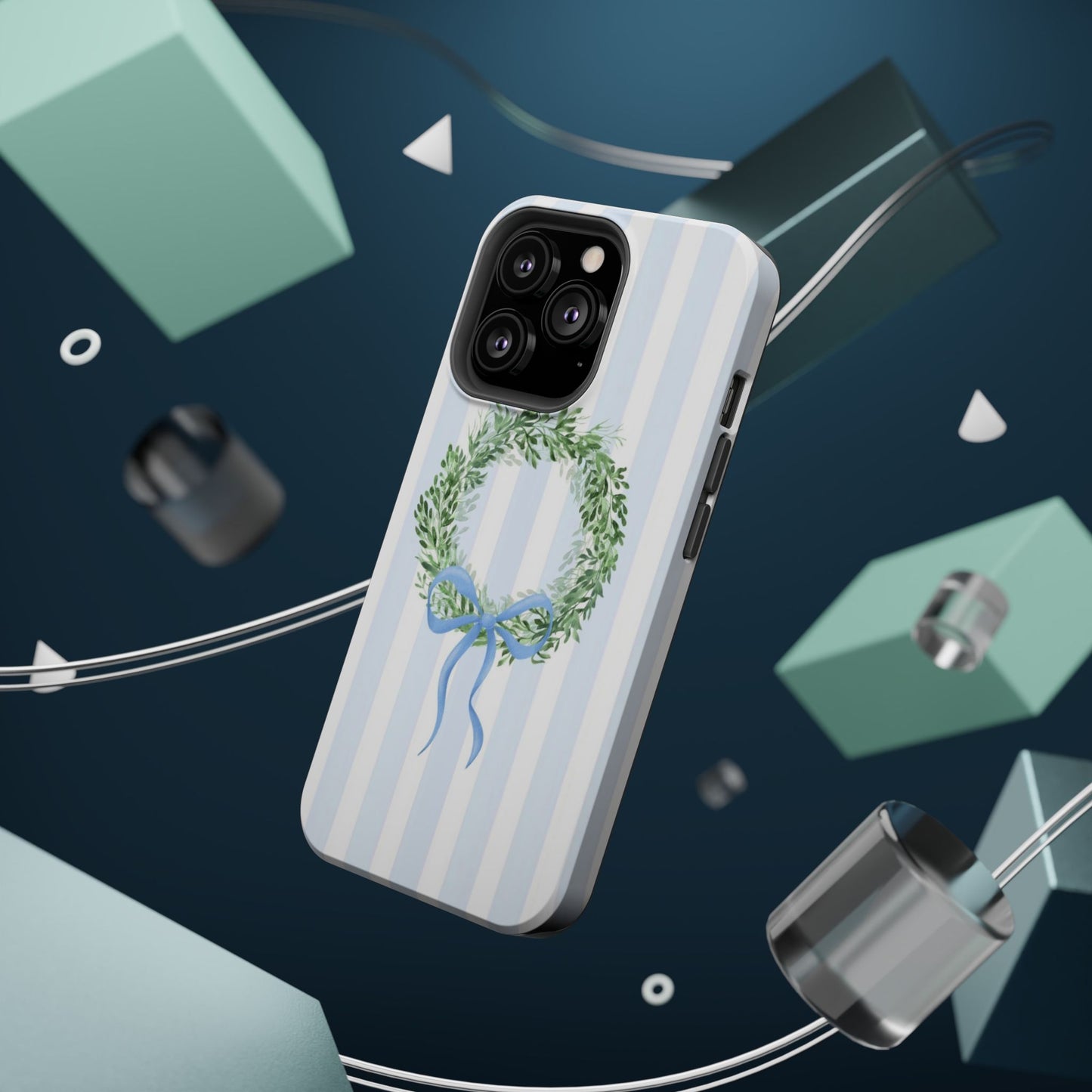 Floral Wreath Magnetic Impact Case — Blue Striped Protective Phone Case