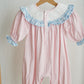 Pink candy cane bow hand smocked ruffle romper