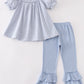 Blue woven check pumpkin embroidery girl set
