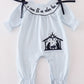 Navy plaid nativity embroidery girl romper