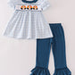 Teal thanksgiving turkey french knot plaid girl set