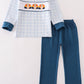 Teal thanksgiving turkey french knot plaid boy set