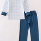 Teal thanksgiving turkey french knot plaid boy set