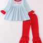 Blue stripe santa claus embroide girl set