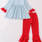 Blue stripe santa claus embroide girl set